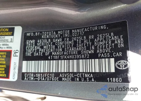 2017 Toyota Camry Le из США, поврежденный, VIN 4T1BF1FK4HU395872